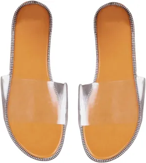OYOANGLE Women's Clear Strap Flat Sandals Rhinestone Transparent Open Toe Slip on Slides