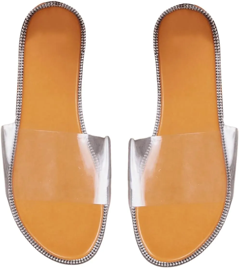 OYOANGLE Women's Clear Strap Flat Sandals Rhinestone Transparent Open Toe Slip on Slides