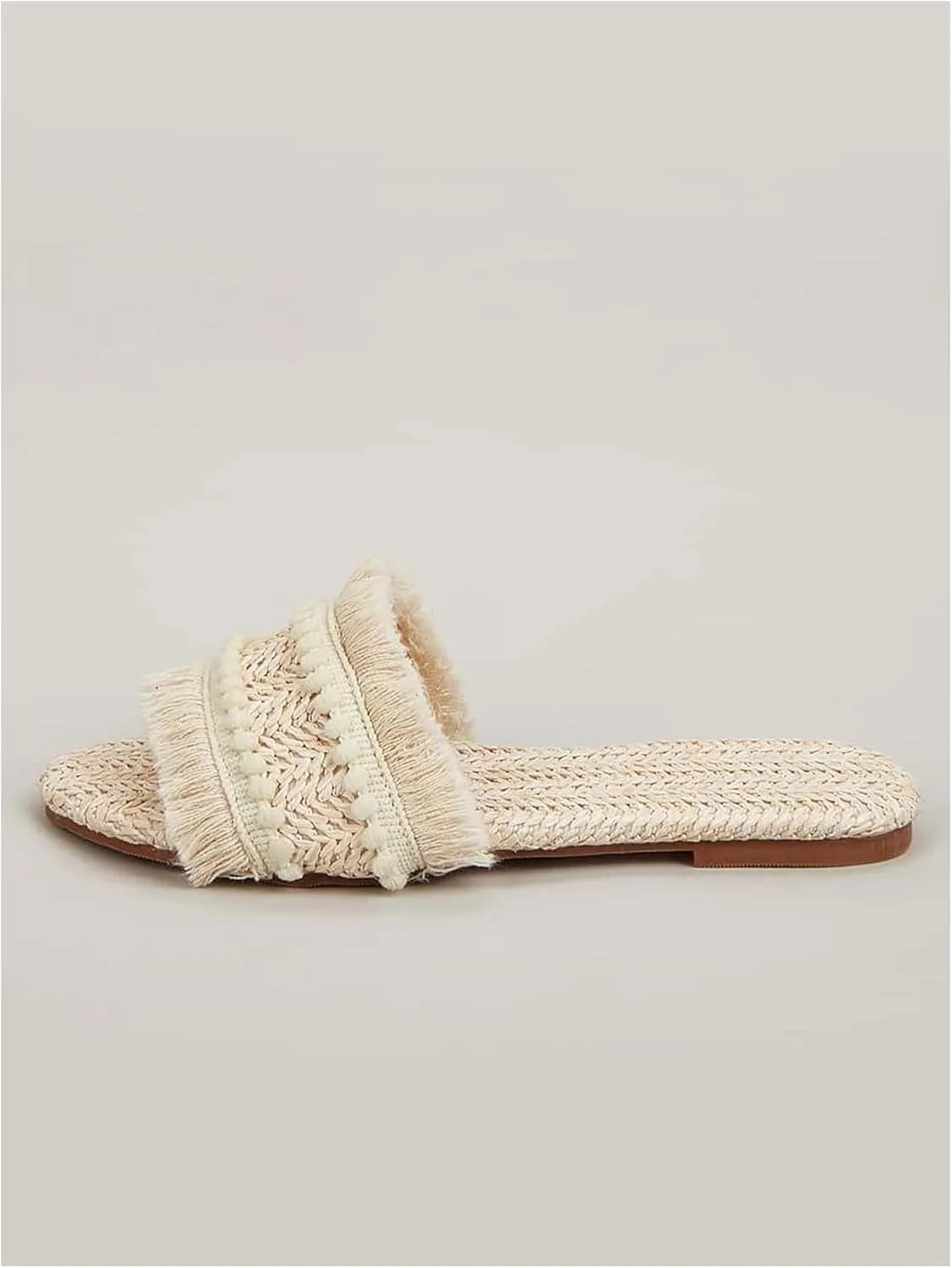 OYOANGLE Women's Fringe Straw Sandals Crochet Open Toe Single Band Flat Slip On Sandals