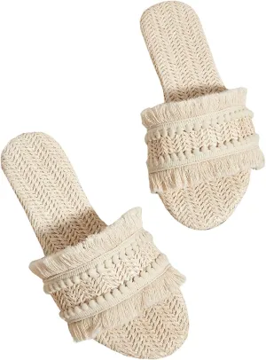 OYOANGLE Women's Fringe Straw Sandals Crochet Open Toe Single Band Flat Slip On Sandals