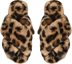OYOANGLE Women's Leopard Criss Cross Band Fuzzy Slippers Open Toe Flat Slip On Plush Slides