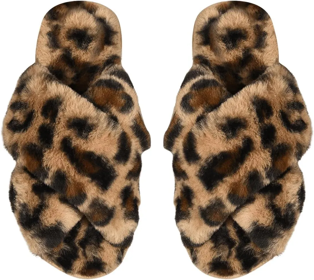 OYOANGLE Women's Leopard Criss Cross Band Fuzzy Slippers Open Toe Flat Slip On Plush Slides