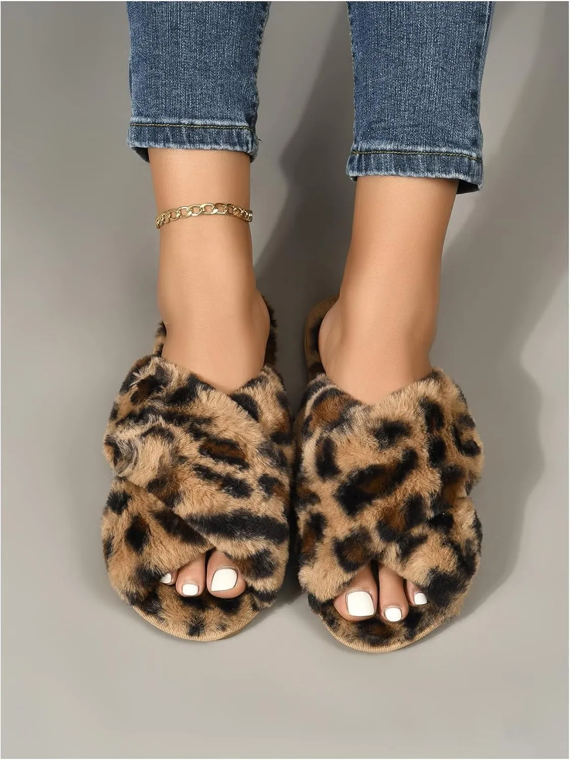 OYOANGLE Women's Leopard Criss Cross Band Fuzzy Slippers Open Toe Flat Slip On Plush Slides