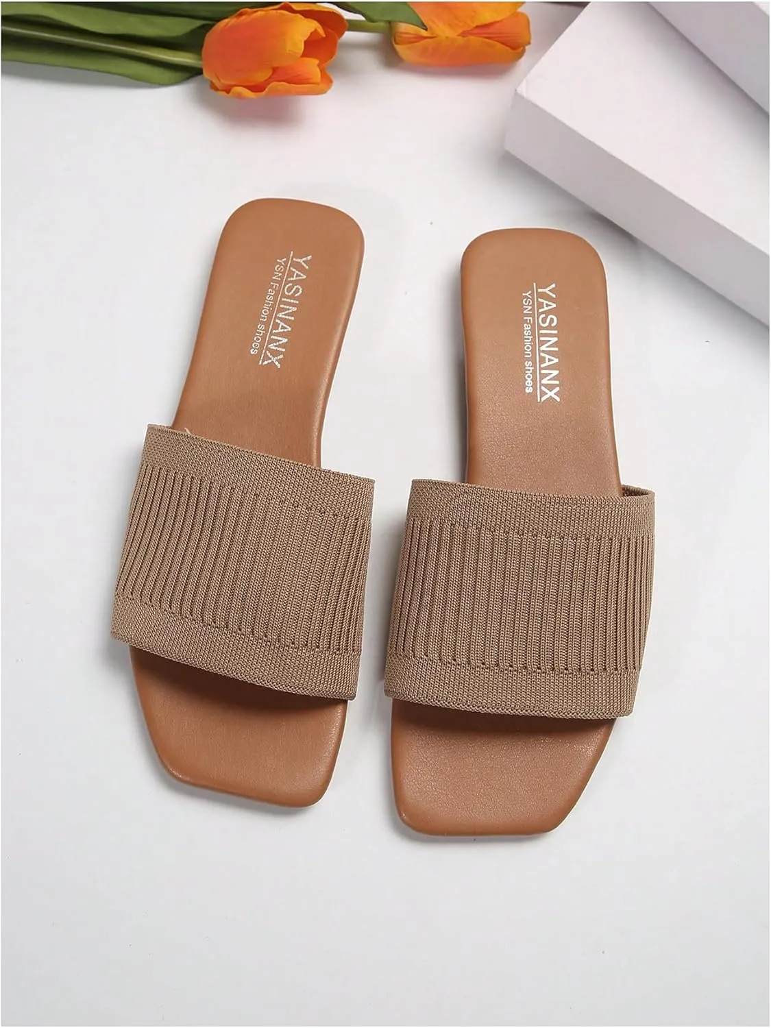 OYOANGLE Women's Single Band Square Open Toe Slide Sandals Summer Slip on Flat Sandals