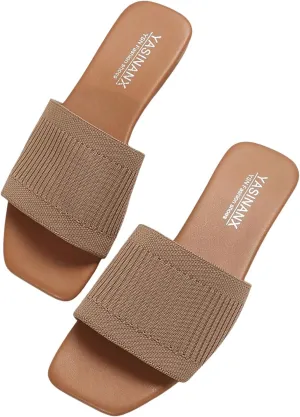 OYOANGLE Women's Single Band Square Open Toe Slide Sandals Summer Slip on Flat Sandals