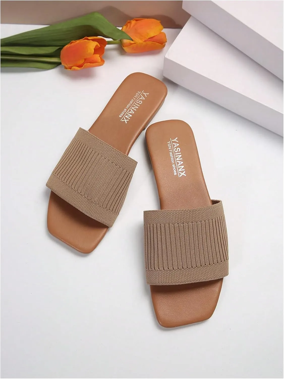 OYOANGLE Women's Single Band Square Open Toe Slide Sandals Summer Slip on Flat Sandals