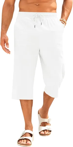 PASLTER Men's Linen Capri Pants Casual Lightweight 3/4 Pants Elastic Waist Drawstring Beach Yoga Shorts with Pockets