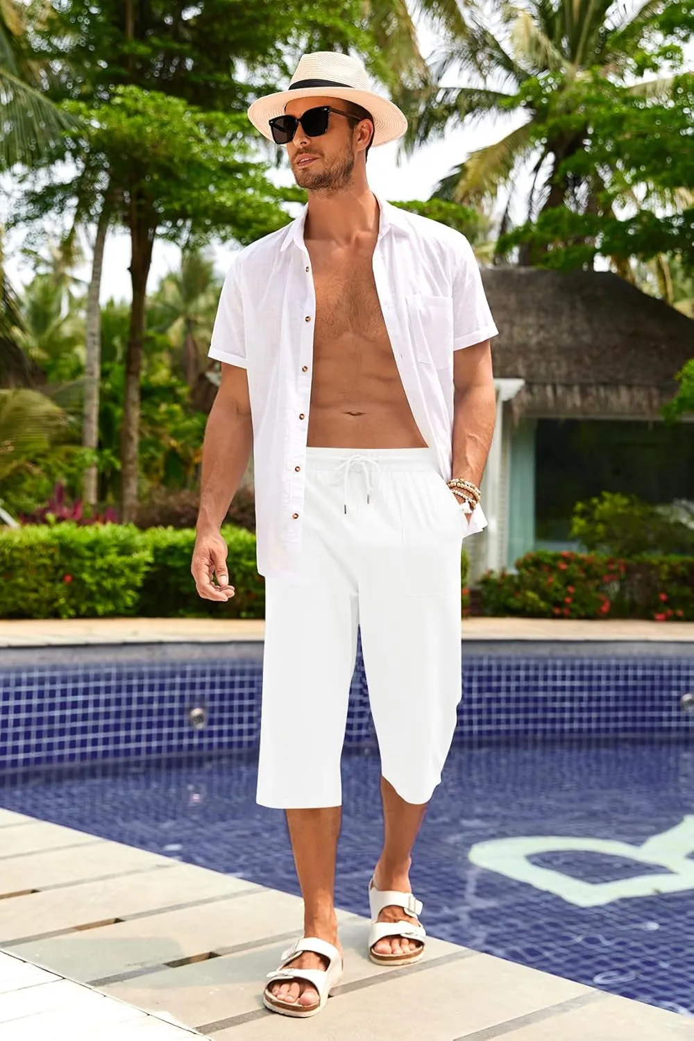 PASLTER Men's Linen Capri Pants Casual Lightweight 3/4 Pants Elastic Waist Drawstring Beach Yoga Shorts with Pockets