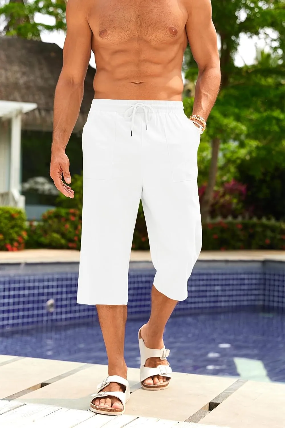 PASLTER Men's Linen Capri Pants Casual Lightweight 3/4 Pants Elastic Waist Drawstring Beach Yoga Shorts with Pockets