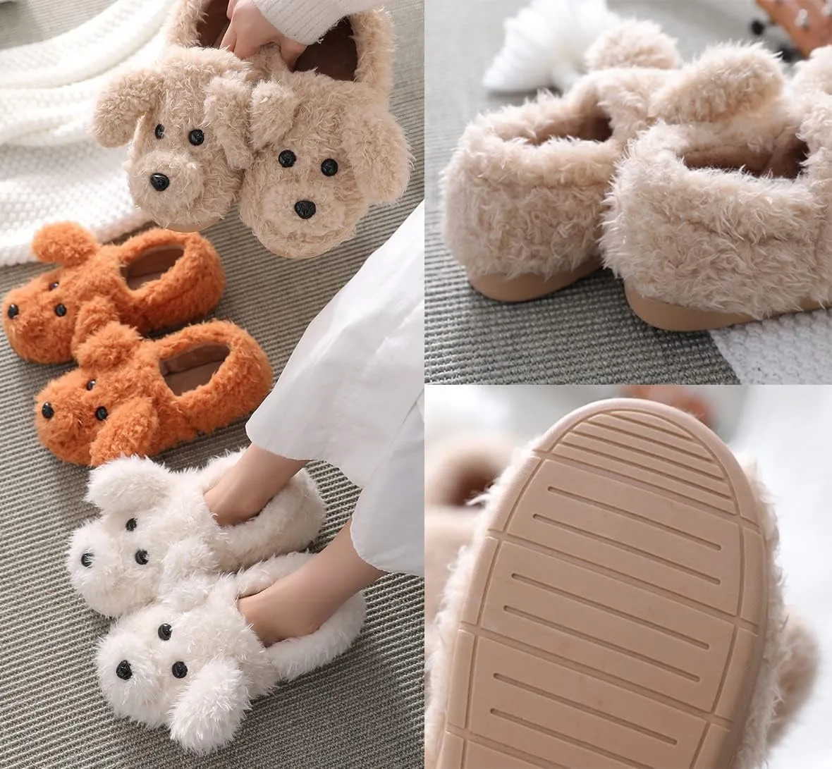 PENINSULA LOVE Fuzzy Animal Dog Slippers Women Memory Foam Soft Plush House Slippers Cute Teddy Fleece Shoes for Indoor Outdoor