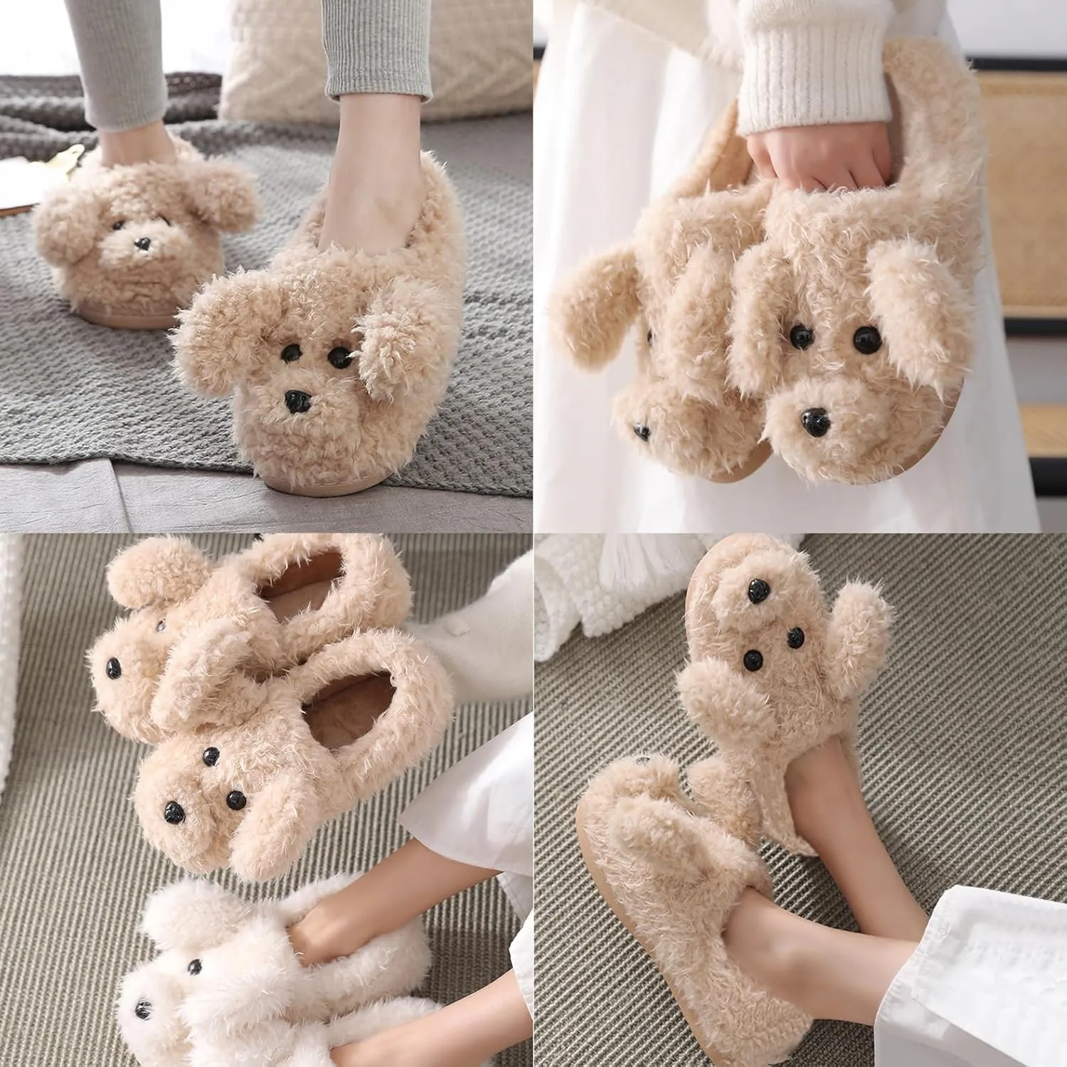 PENINSULA LOVE Fuzzy Animal Dog Slippers Women Memory Foam Soft Plush House Slippers Cute Teddy Fleece Shoes for Indoor Outdoor