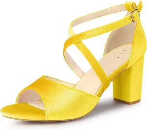 Perphy Cross Strap Velvet Block Heel Sandals for Women