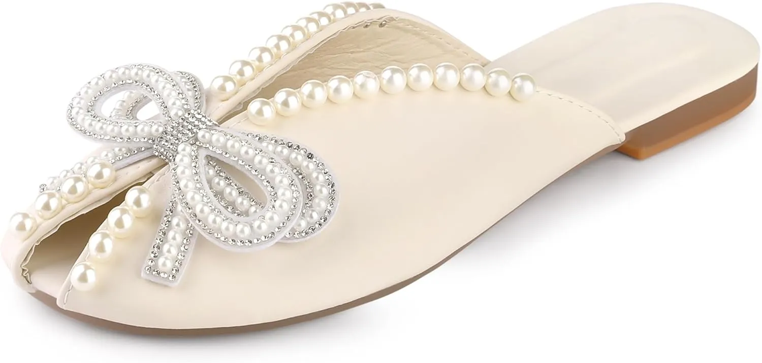 Perphy Floral Printed Peep Toe Slip on Pearl Flat Shoes Slides Mules for Women