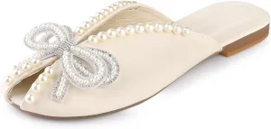 Perphy Floral Printed Peep Toe Slip on Pearl Flat Shoes Slides Mules for Women