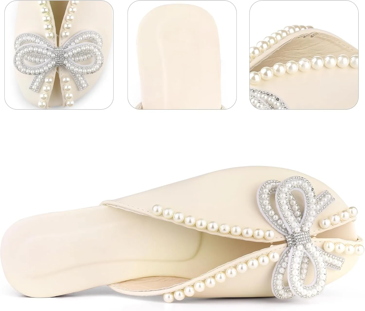 Perphy Floral Printed Peep Toe Slip on Pearl Flat Shoes Slides Mules for Women