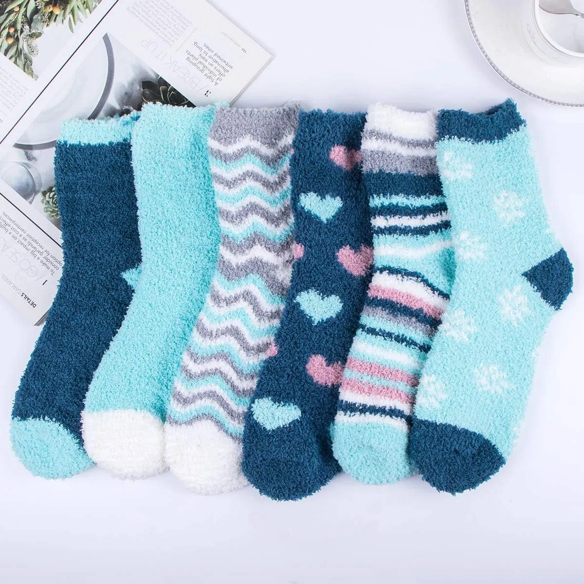 Plush Slipper Socks Women - Colorful Warm Fuzzy Crew Socks Cozy Soft for Winter Indoor