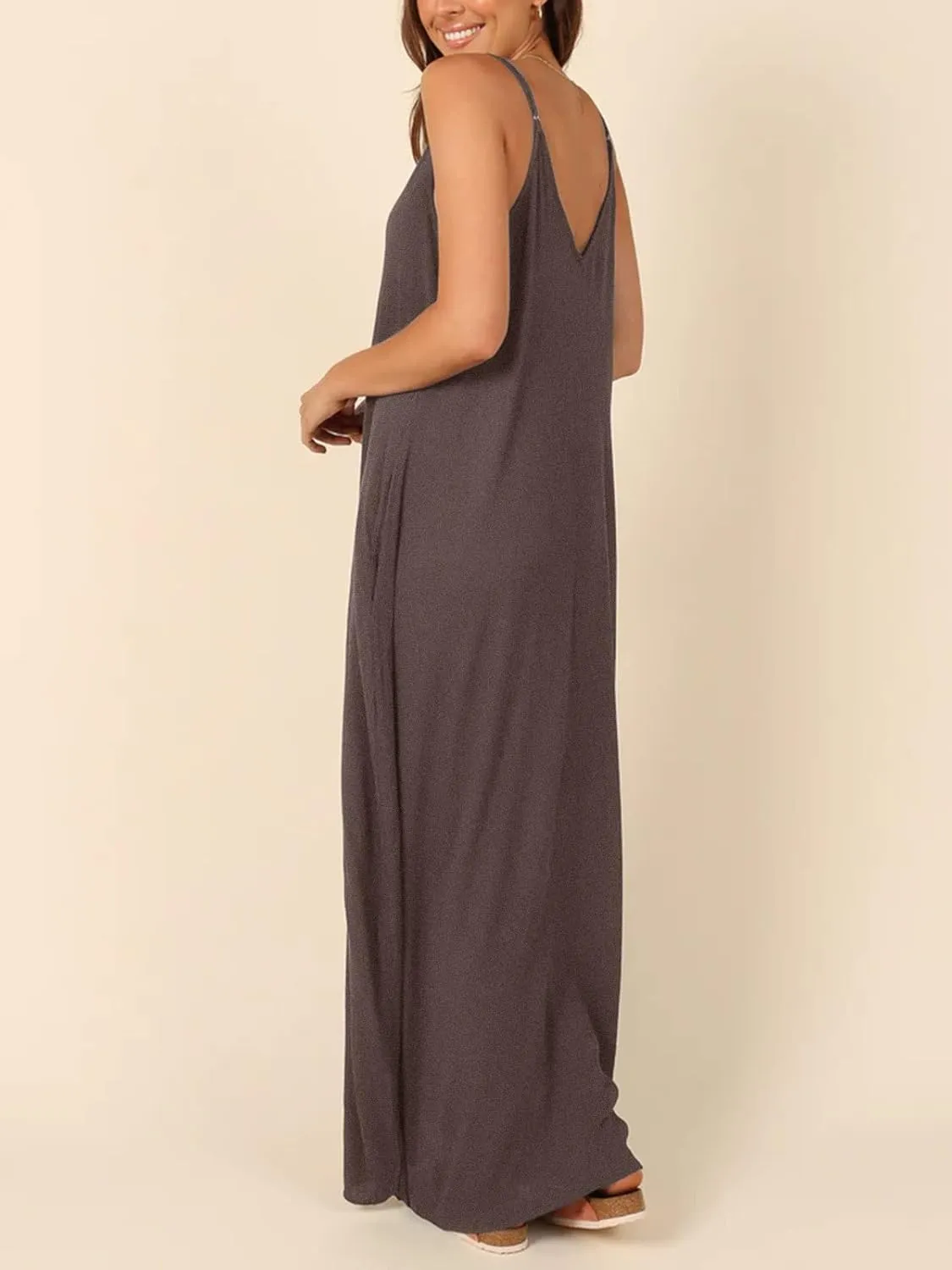 Poetsky Womens Casual Strappy V Neck Sleeveless Flowy Pockets Loose Long Maxi Beach Dress Sundress