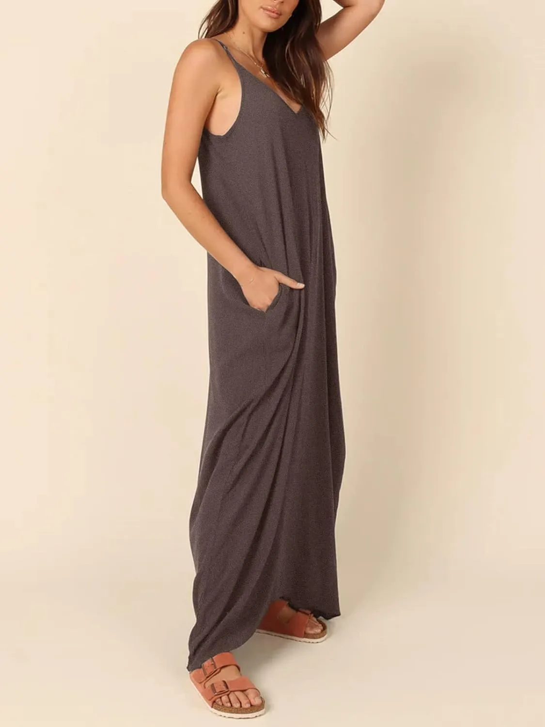 Poetsky Womens Casual Strappy V Neck Sleeveless Flowy Pockets Loose Long Maxi Beach Dress Sundress