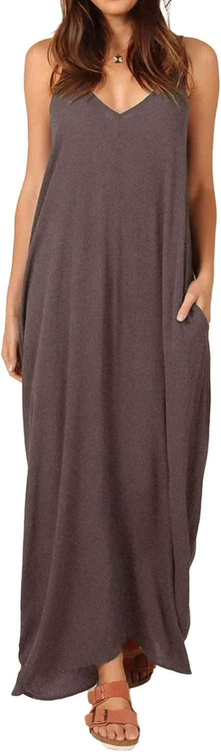 Poetsky Womens Casual Strappy V Neck Sleeveless Flowy Pockets Loose Long Maxi Beach Dress Sundress