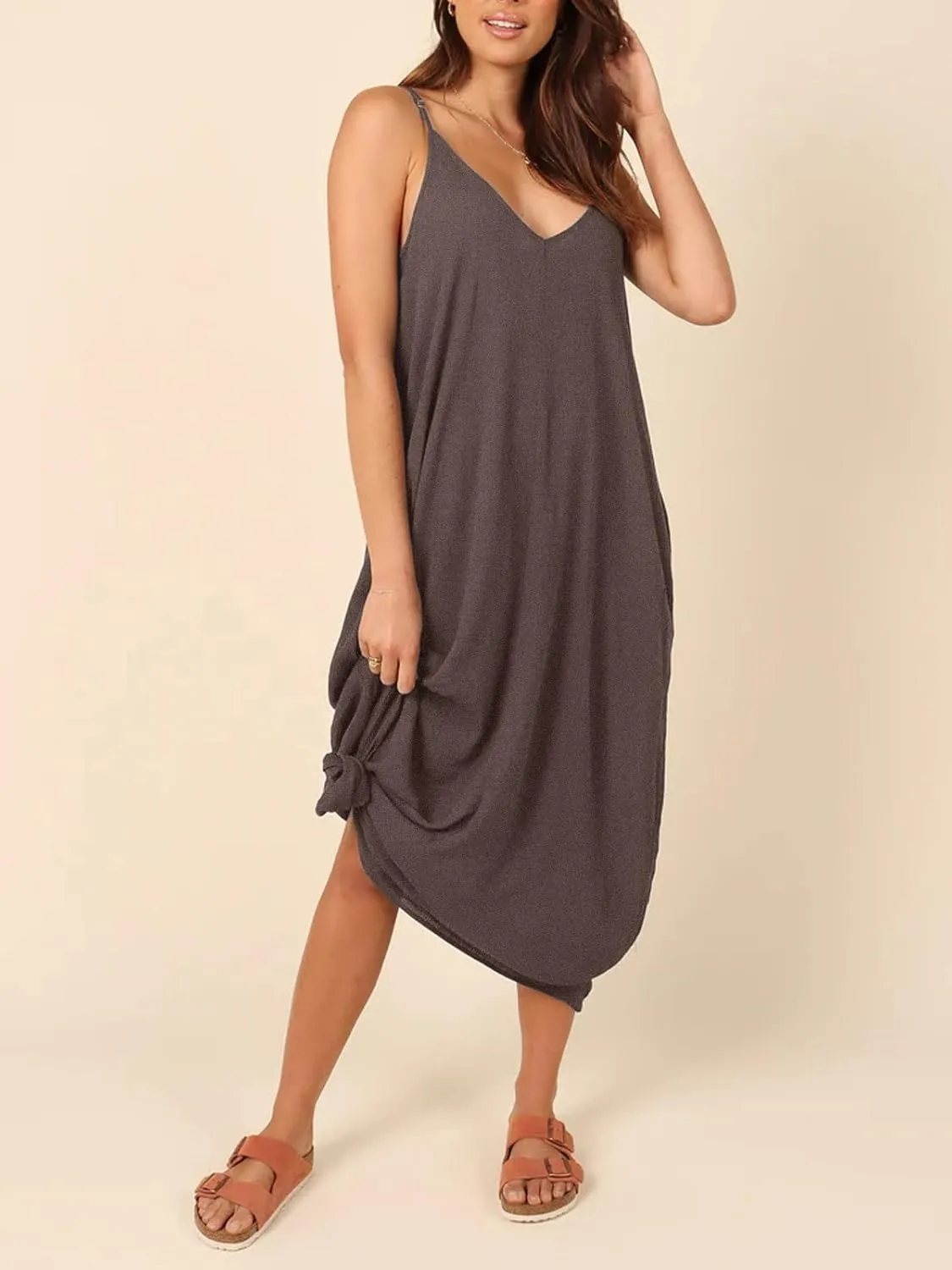 Poetsky Womens Casual Strappy V Neck Sleeveless Flowy Pockets Loose Long Maxi Beach Dress Sundress