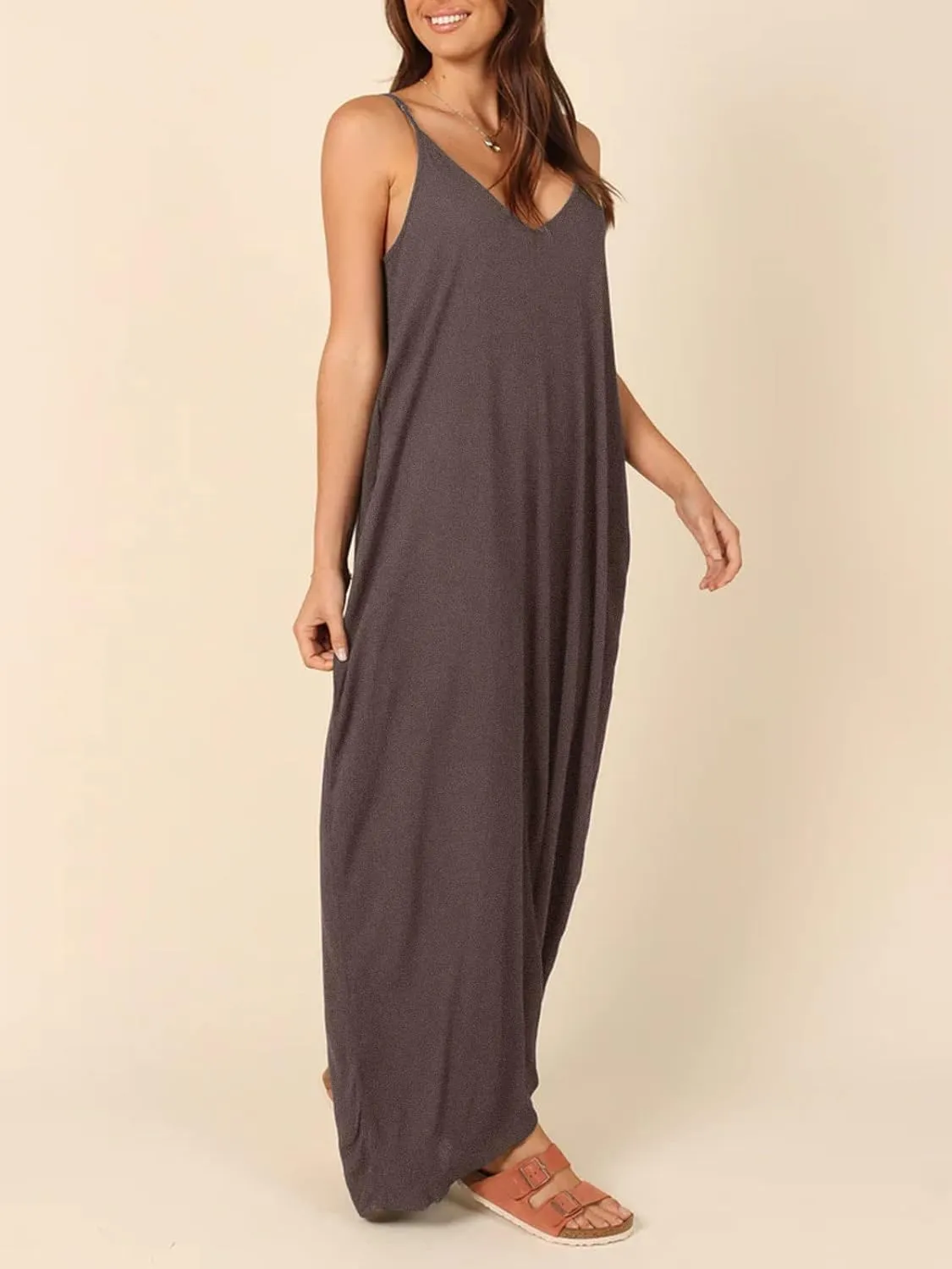 Poetsky Womens Casual Strappy V Neck Sleeveless Flowy Pockets Loose Long Maxi Beach Dress Sundress