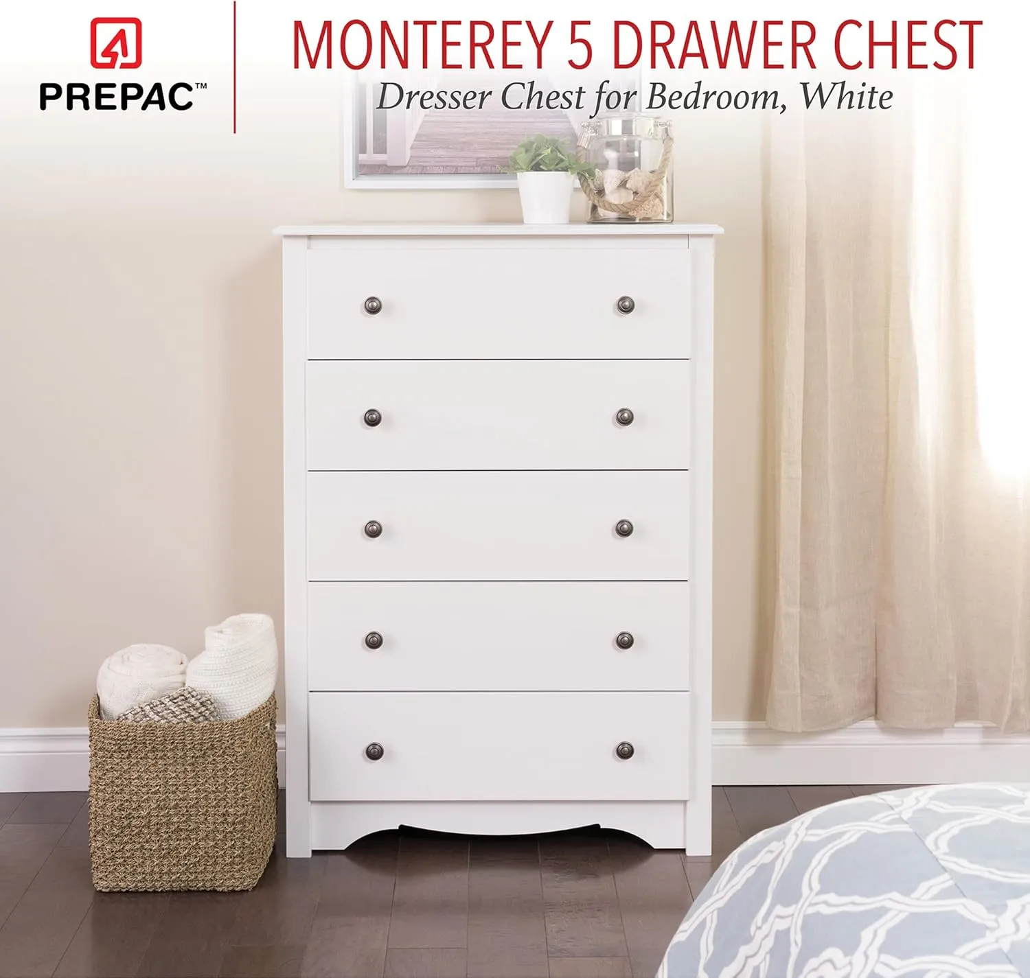 Prepac 4-Drawer 16" D x 30" W x 36.25" H & 5-Drawer 16" D x 31.5" W x 45.25" H White Bedroom Dressers Bundle