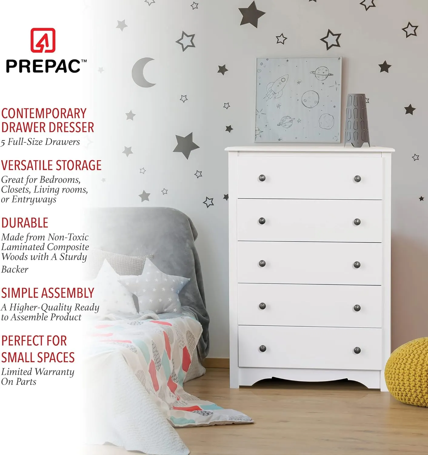 Prepac 4-Drawer 16" D x 30" W x 36.25" H & 5-Drawer 16" D x 31.5" W x 45.25" H White Bedroom Dressers Bundle