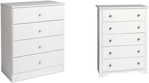 Prepac 4-Drawer 16" D x 30" W x 36.25" H & 5-Drawer 16" D x 31.5" W x 45.25" H White Bedroom Dressers Bundle