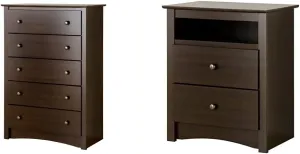 Prepac Fremont 5-Drawer Chest and 2 Drawer Nightstand, Espresso Finish