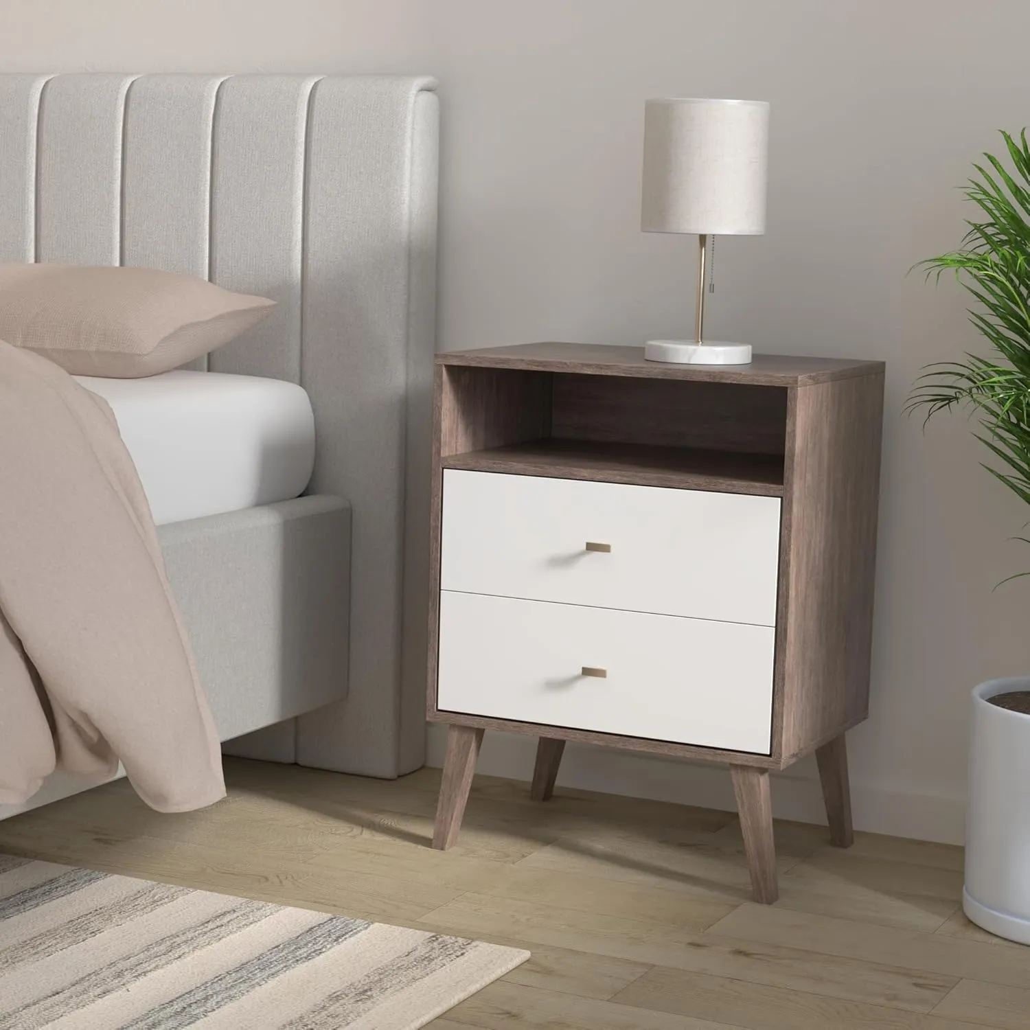 Prepac Milo Mid-Century Modern 2 Drawer Nightstand with Open Shelf, Bedside Table, Retro Style Bedroom Furniture, 16"D x 22.5"W x 29.5"H, Drifted Gray/White, DDNR-1405-1