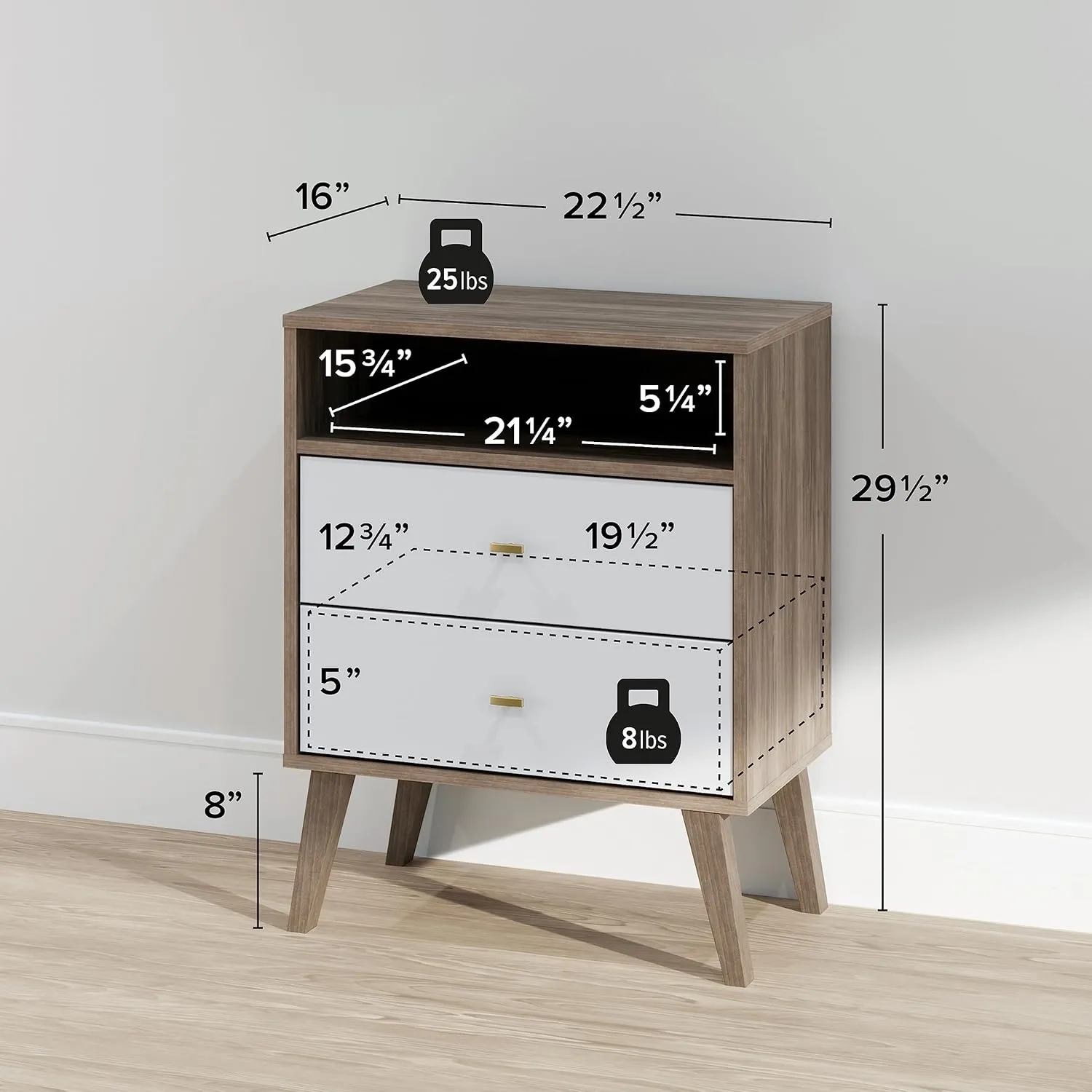 Prepac Milo Mid-Century Modern 2 Drawer Nightstand with Open Shelf, Bedside Table, Retro Style Bedroom Furniture, 16"D x 22.5"W x 29.5"H, Drifted Gray/White, DDNR-1405-1