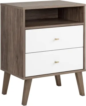 Prepac Milo Mid-Century Modern 2 Drawer Nightstand with Open Shelf, Bedside Table, Retro Style Bedroom Furniture, 16"D x 22.5"W x 29.5"H, Drifted Gray/White, DDNR-1405-1