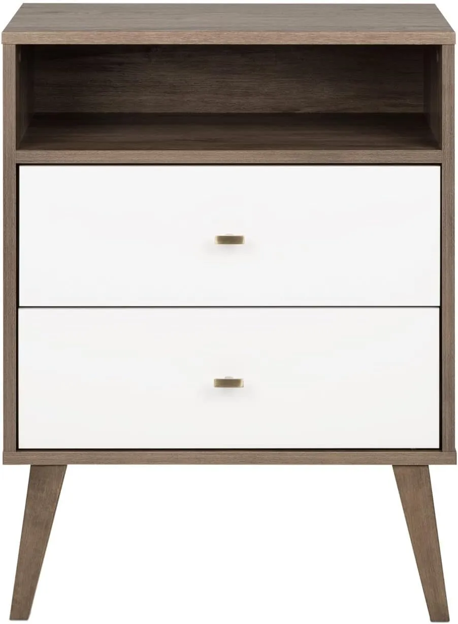 Prepac Milo Mid-Century Modern 2 Drawer Nightstand with Open Shelf, Bedside Table, Retro Style Bedroom Furniture, 16"D x 22.5"W x 29.5"H, Drifted Gray/White, DDNR-1405-1