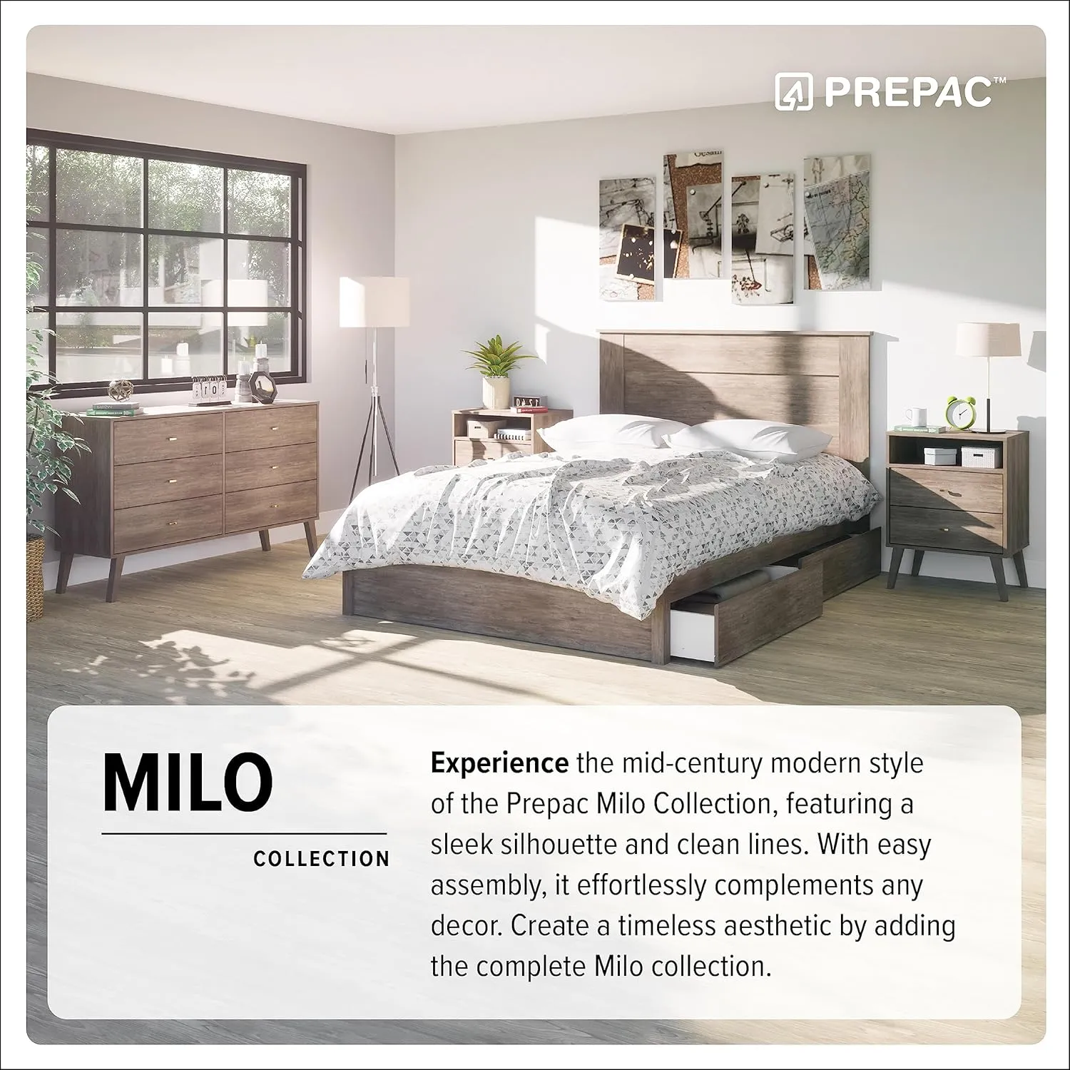 Prepac Milo Mid-Century Modern 2 Drawer Nightstand with Open Shelf, Bedside Table, Retro Style Bedroom Furniture, 16"D x 22.5"W x 29.5"H, Drifted Gray/White, DDNR-1405-1