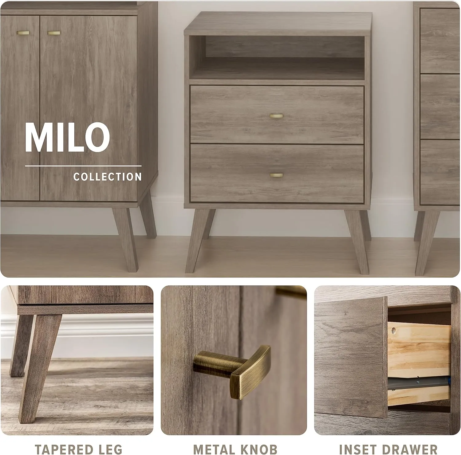 Prepac Milo Mid-Century Modern 2 Drawer Nightstand with Open Shelf, Bedside Table, Retro Style Bedroom Furniture, 16"D x 22.5"W x 29.5"H, Drifted Gray/White, DDNR-1405-1