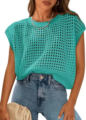 PRETTYGARDEN Womens Spring Tops 2025 Summer Shirts Crochet Cap Sleeve Sweater Pullover Cute Beach Vacation Clothes