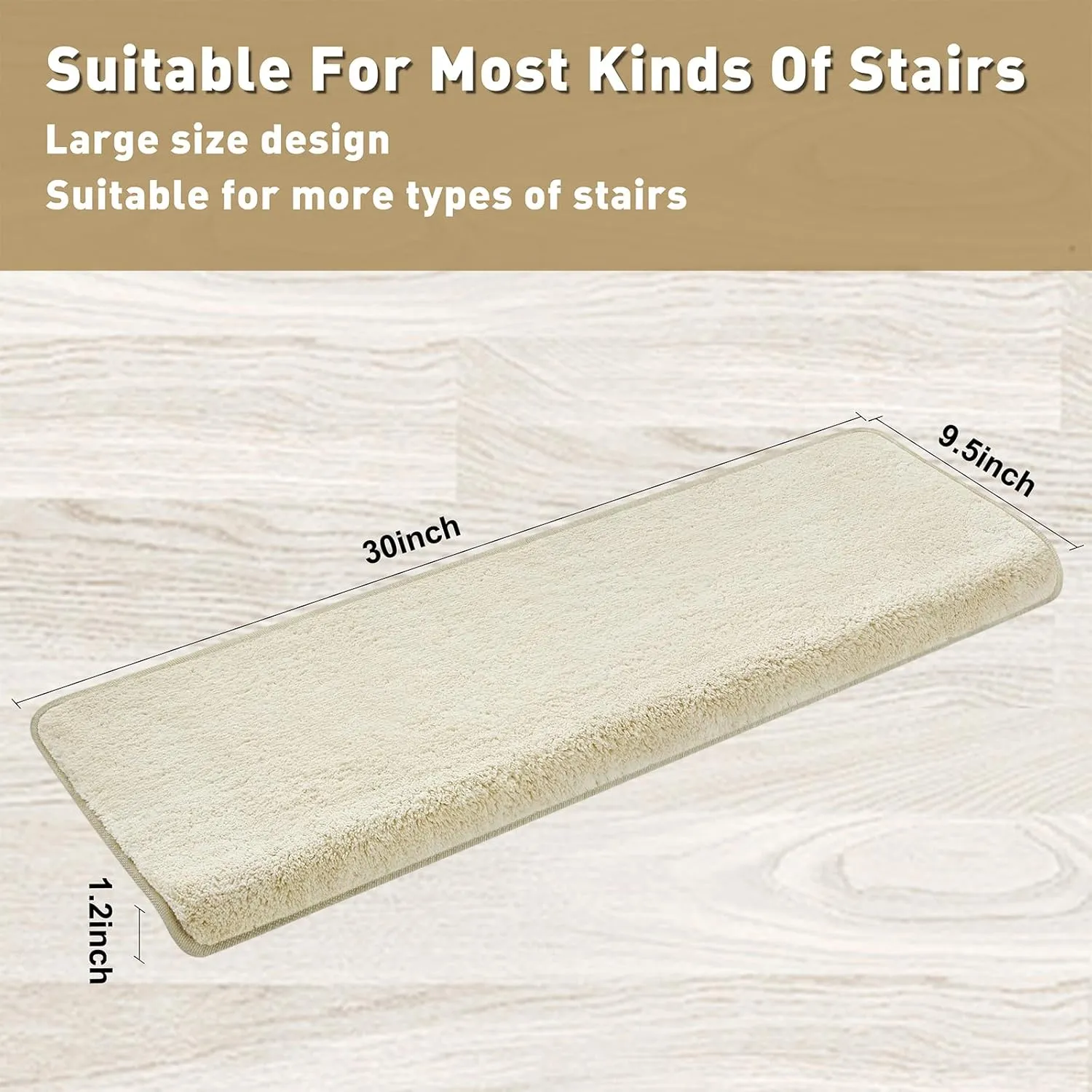 PURE ERA Carpet Stair Treads Ultra Plush 9.5" X 30"Soft Bullnose Indoor Stair Protectors Pet-Friendly Non-Slip Skid Resistant Tape Free Washable Reusable(2 Pieces,Beige)