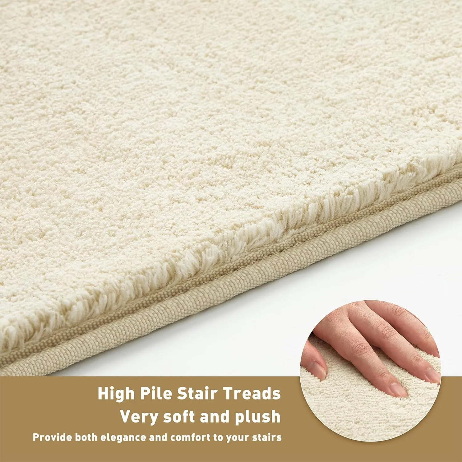 PURE ERA Carpet Stair Treads Ultra Plush 9.5" X 30"Soft Bullnose Indoor Stair Protectors Pet-Friendly Non-Slip Skid Resistant Tape Free Washable Reusable(2 Pieces,Beige)
