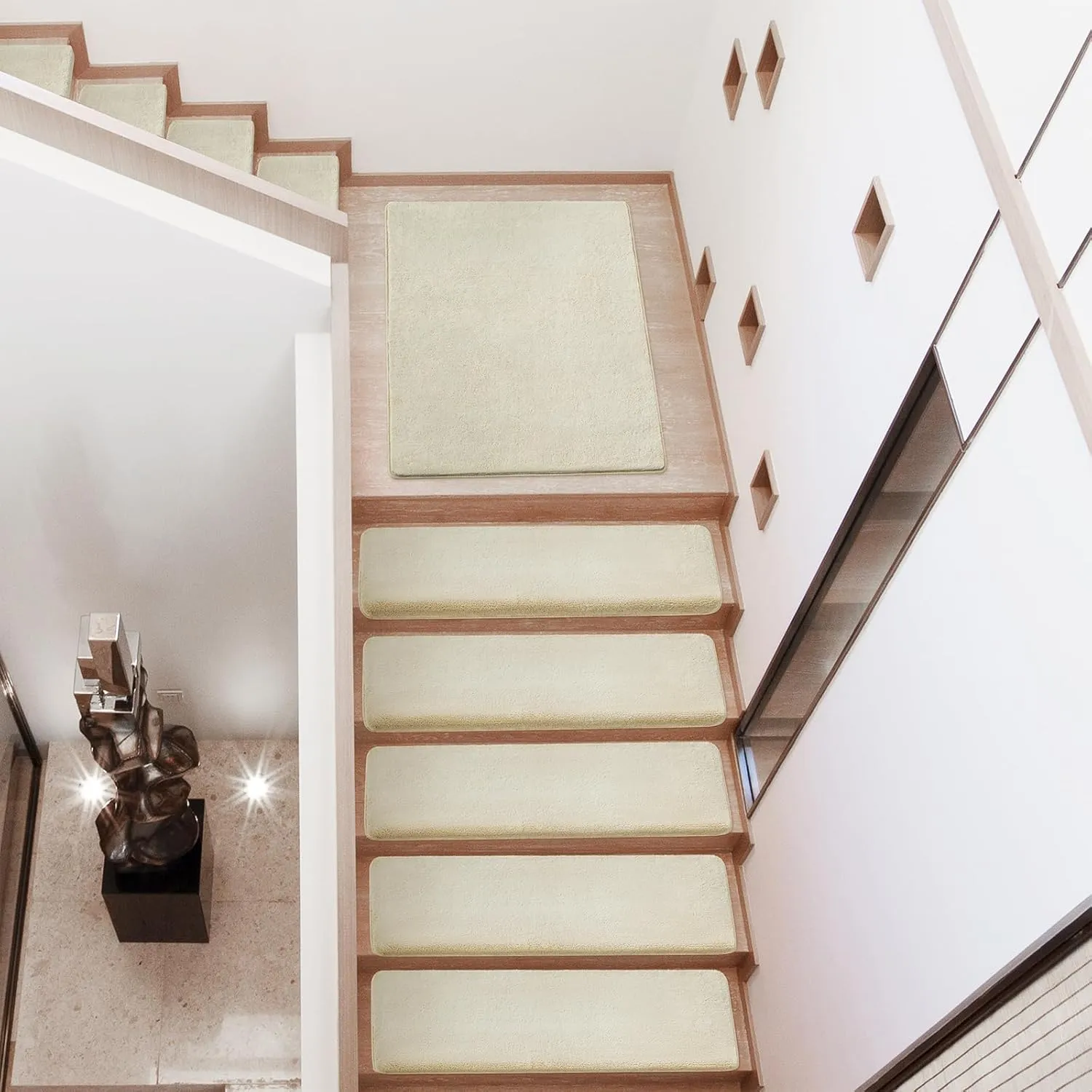 PURE ERA Carpet Stair Treads Ultra Plush 9.5" X 30"Soft Bullnose Indoor Stair Protectors Pet-Friendly Non-Slip Skid Resistant Tape Free Washable Reusable(2 Pieces,Beige)