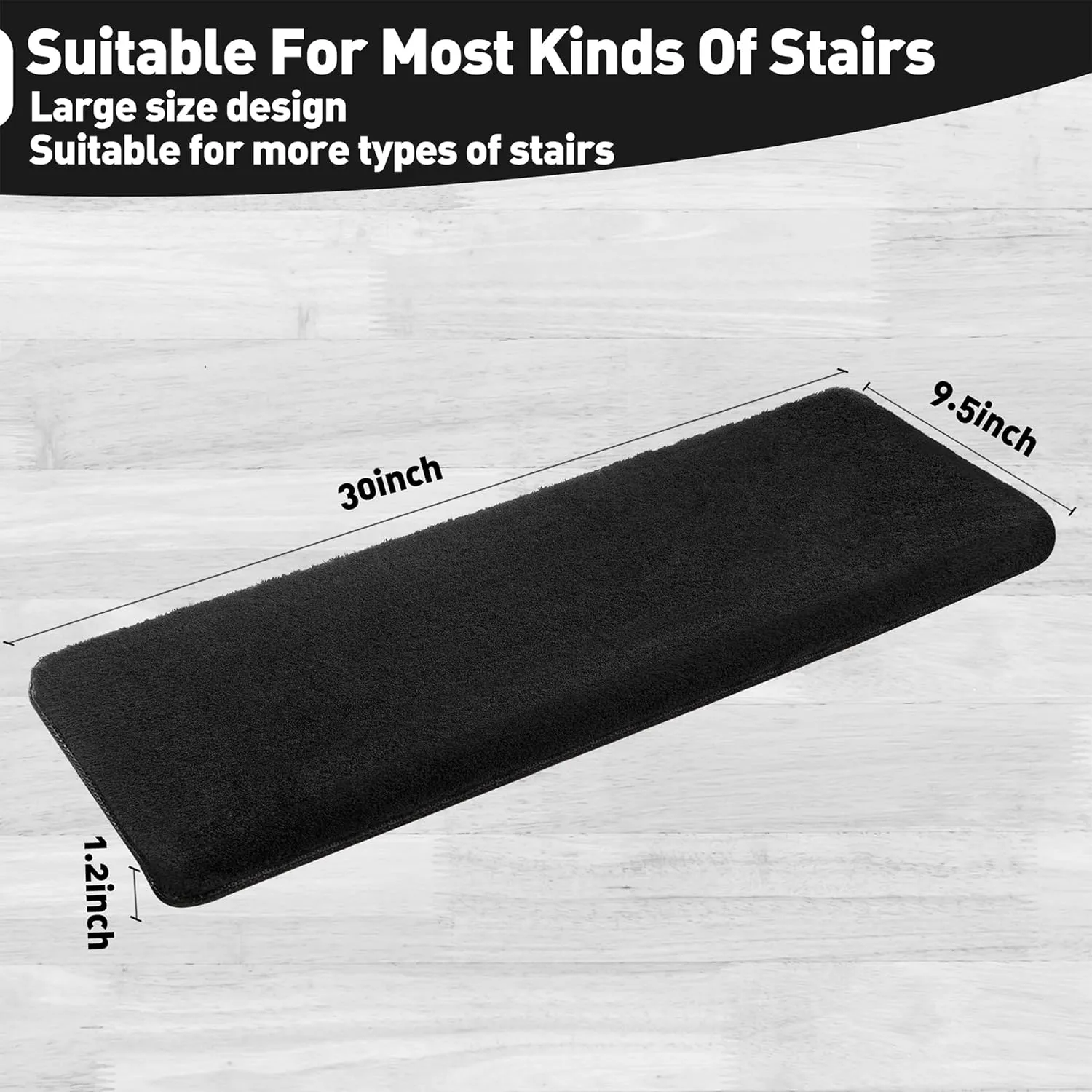PURE ERA Carpet Stair Treads Ultra Plush 9.5" X 30"Soft Bullnose Indoor Stair Protectors Pet-Friendly Non-Slip Skid Resistant Tape Free Washable Reusable(2 Pieces,Black)
