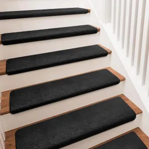PURE ERA Carpet Stair Treads Ultra Plush 9.5" X 30"Soft Bullnose Indoor Stair Protectors Pet-Friendly Non-Slip Skid Resistant Tape Free Washable Reusable(2 Pieces,Black)