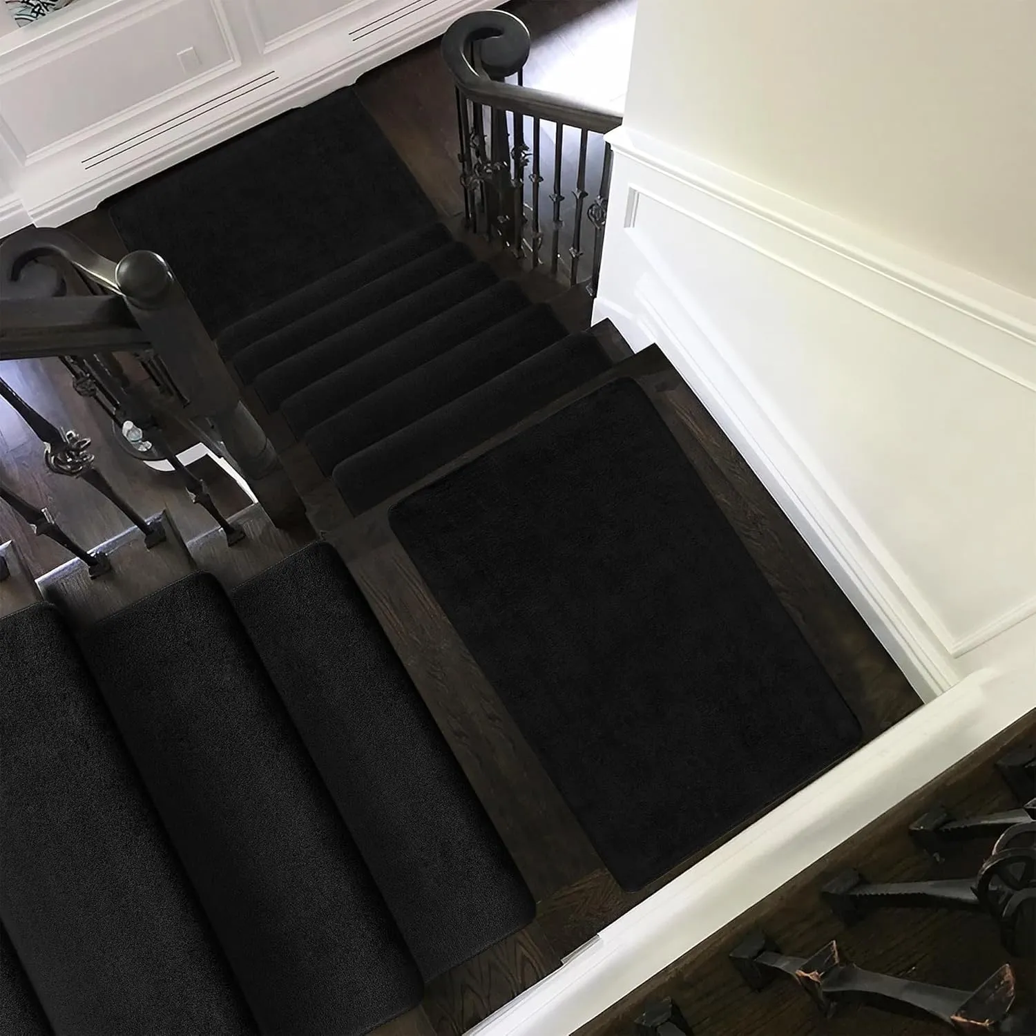 PURE ERA Carpet Stair Treads Ultra Plush 9.5" X 30"Soft Bullnose Indoor Stair Protectors Pet-Friendly Non-Slip Skid Resistant Tape Free Washable Reusable(2 Pieces,Black)