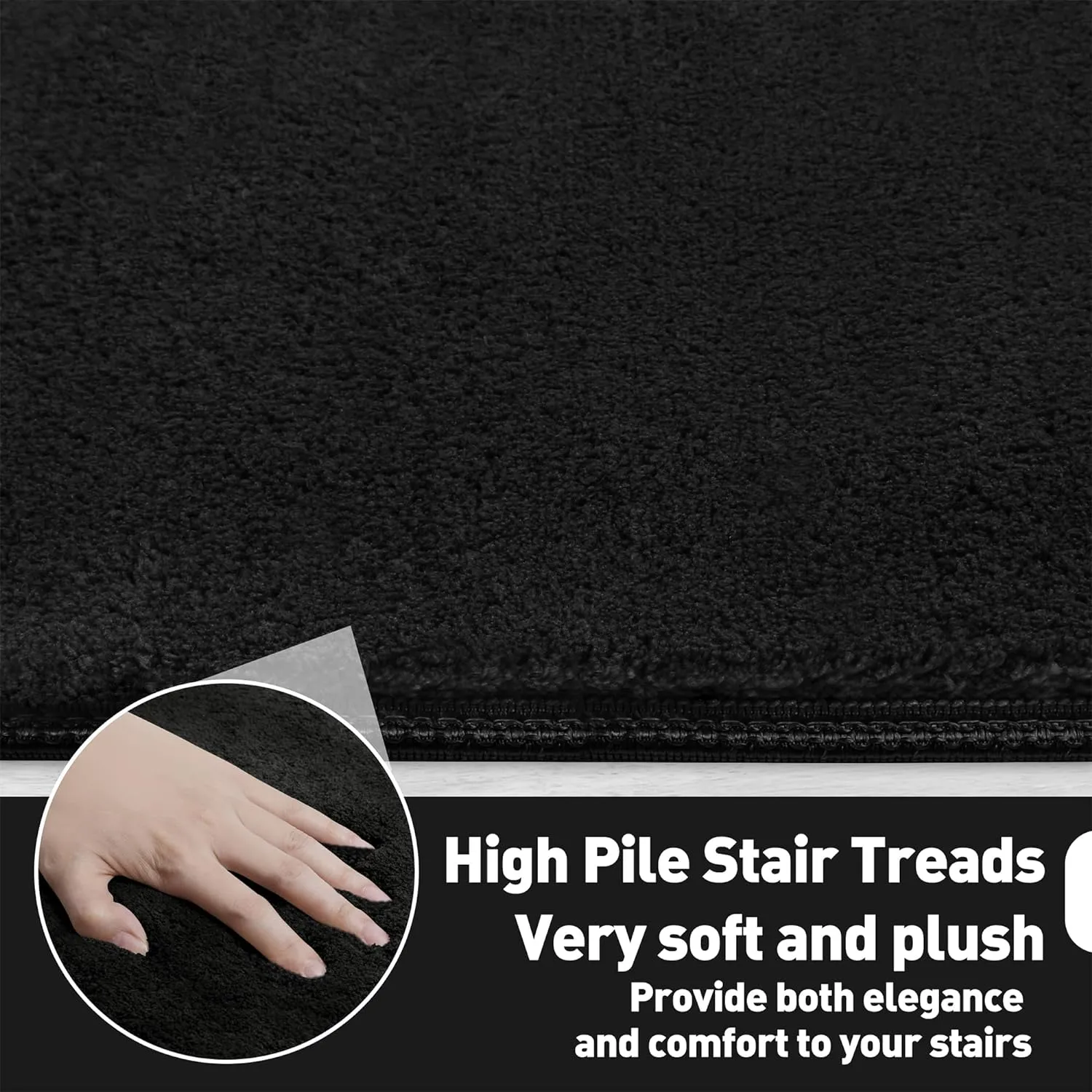 PURE ERA Carpet Stair Treads Ultra Plush 9.5" X 30"Soft Bullnose Indoor Stair Protectors Pet-Friendly Non-Slip Skid Resistant Tape Free Washable Reusable(2 Pieces,Black)