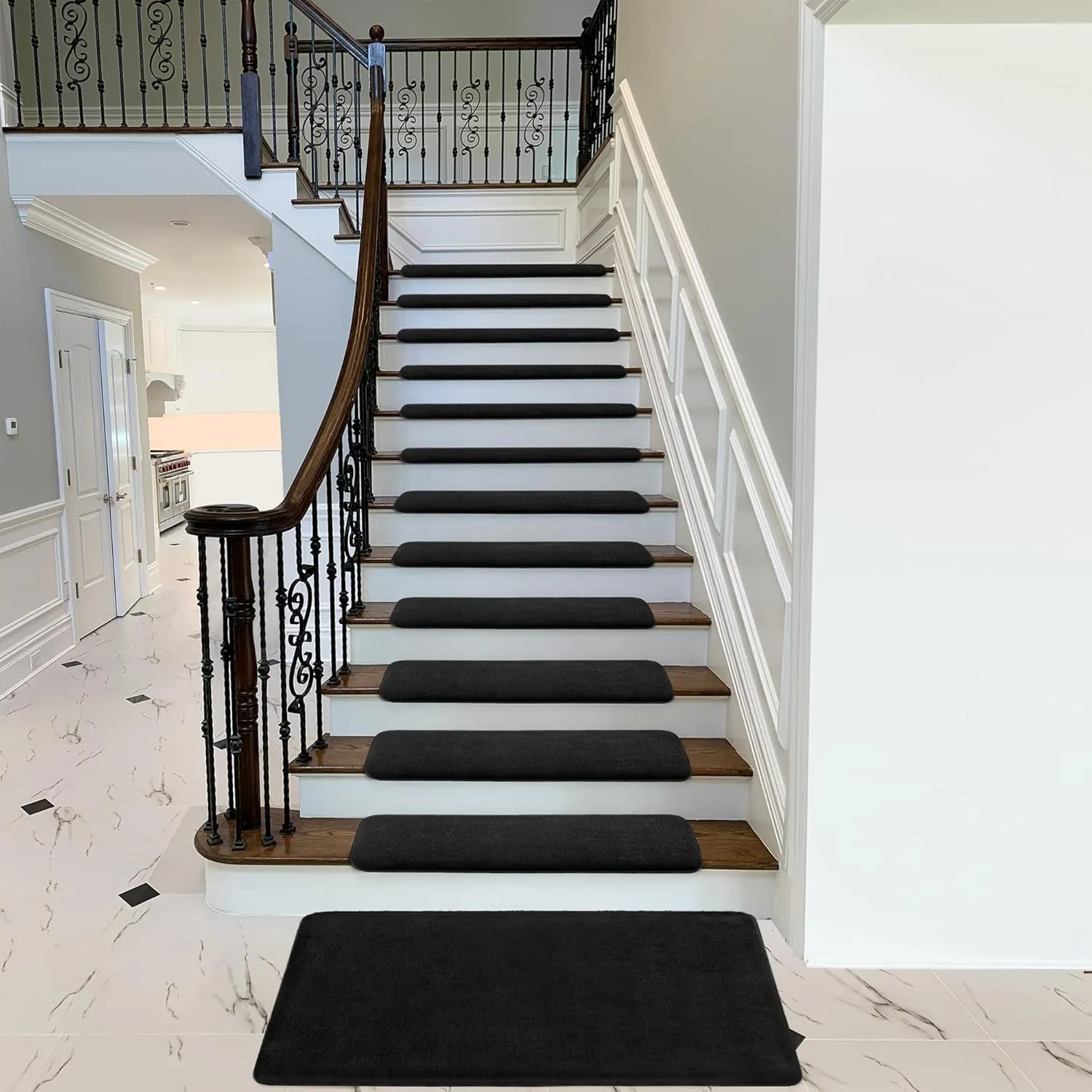 PURE ERA Carpet Stair Treads Ultra Plush 9.5" X 30"Soft Bullnose Indoor Stair Protectors Pet-Friendly Non-Slip Skid Resistant Tape Free Washable Reusable(2 Pieces,Black)