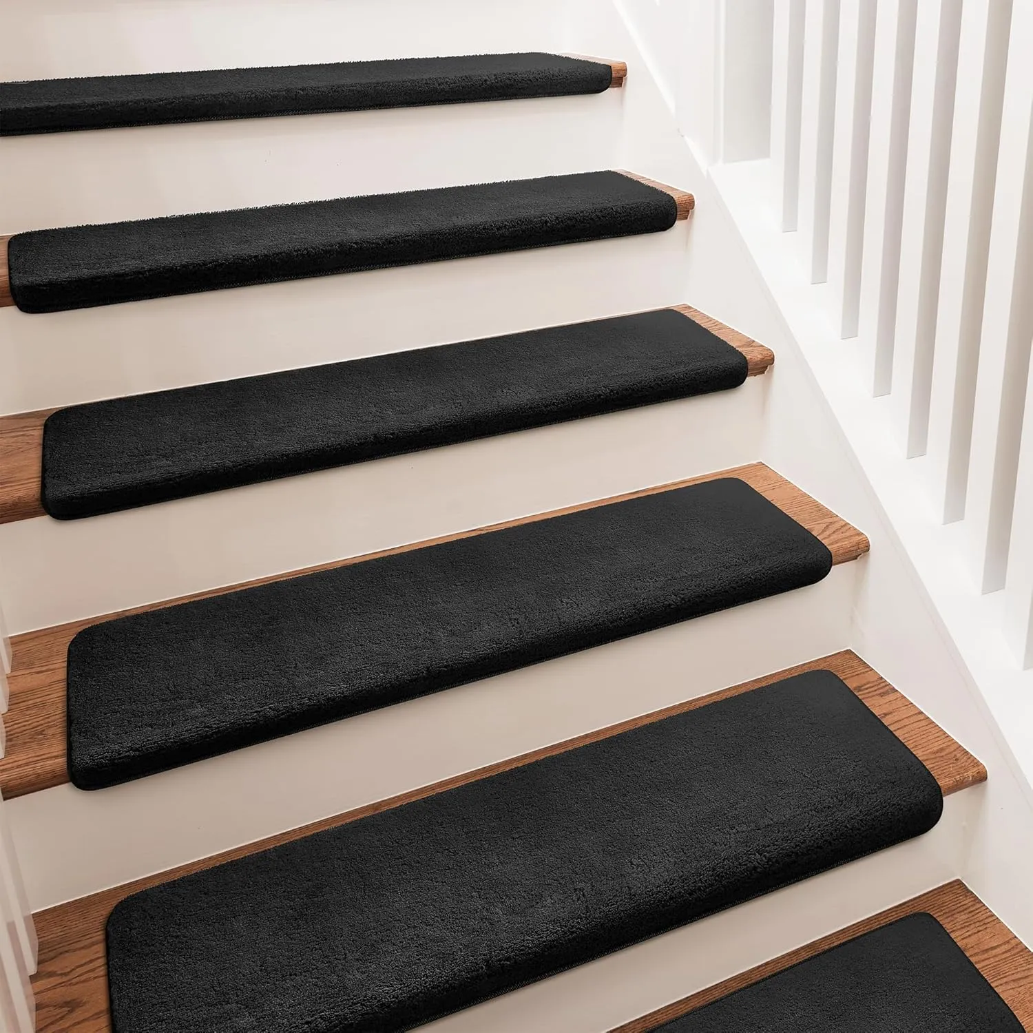 PURE ERA Carpet Stair Treads Ultra Plush 9.5" X 30"Soft Bullnose Indoor Stair Protectors Pet-Friendly Non-Slip Skid Resistant Tape Free Washable Reusable(2 Pieces,Black)