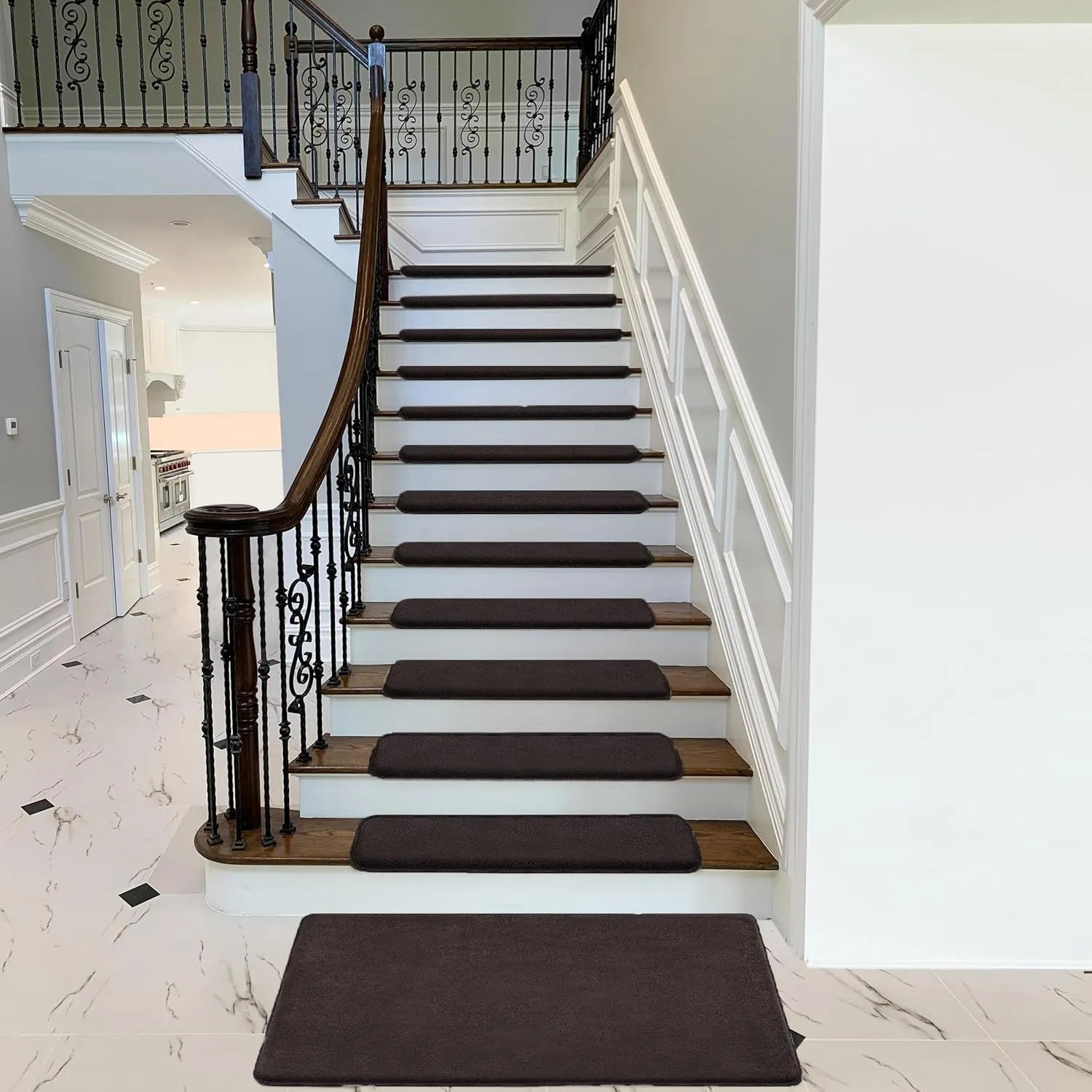 PURE ERA Carpet Stair Treads Ultra Plush 9.5" X 30"Soft Bullnose Indoor Stair Protectors Pet-Friendly Non-Slip Skid Resistant Tape Free Washable Reusable(2 Pieces,Dark Brown)