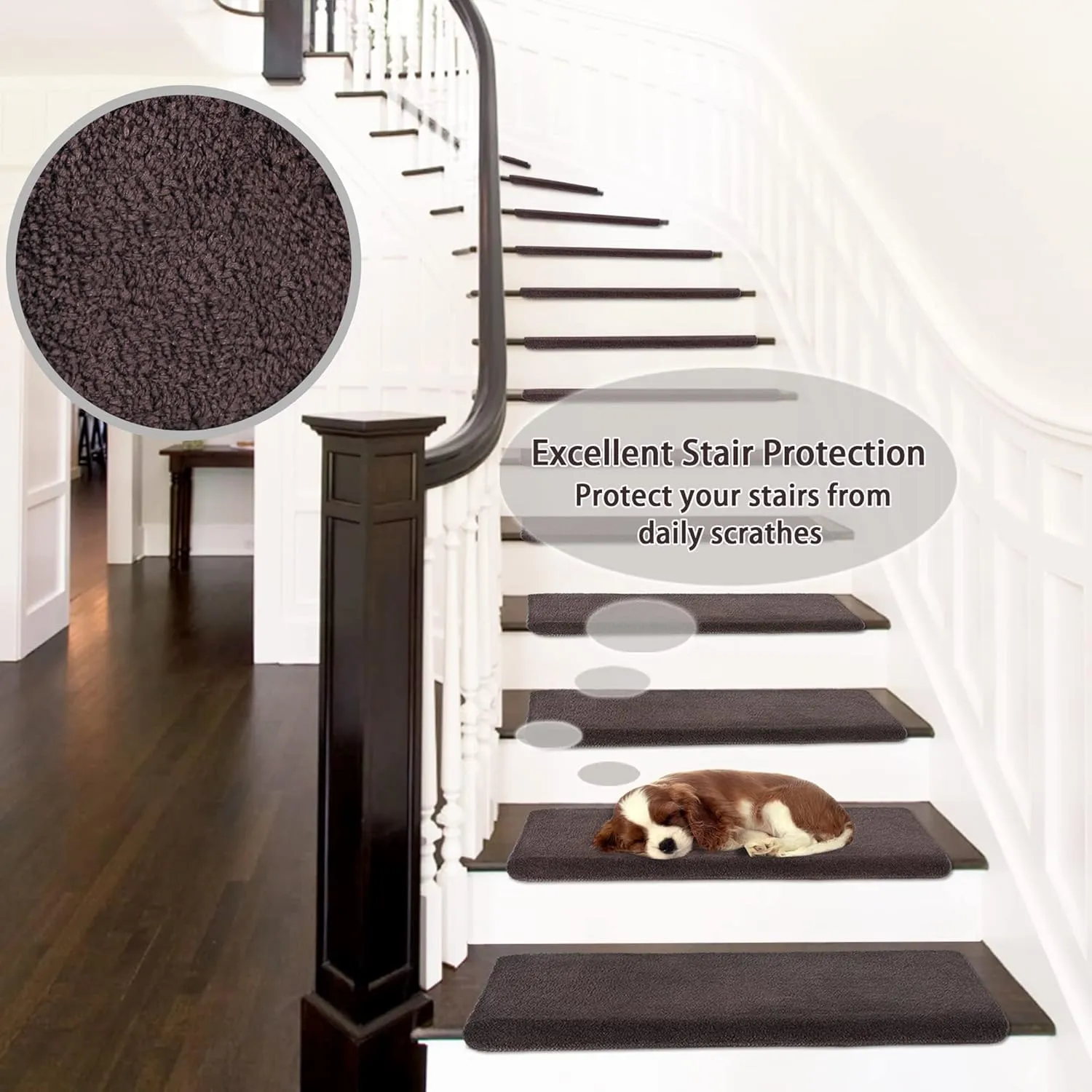 PURE ERA Carpet Stair Treads Ultra Plush 9.5" X 30"Soft Bullnose Indoor Stair Protectors Pet-Friendly Non-Slip Skid Resistant Tape Free Washable Reusable(2 Pieces,Dark Brown)