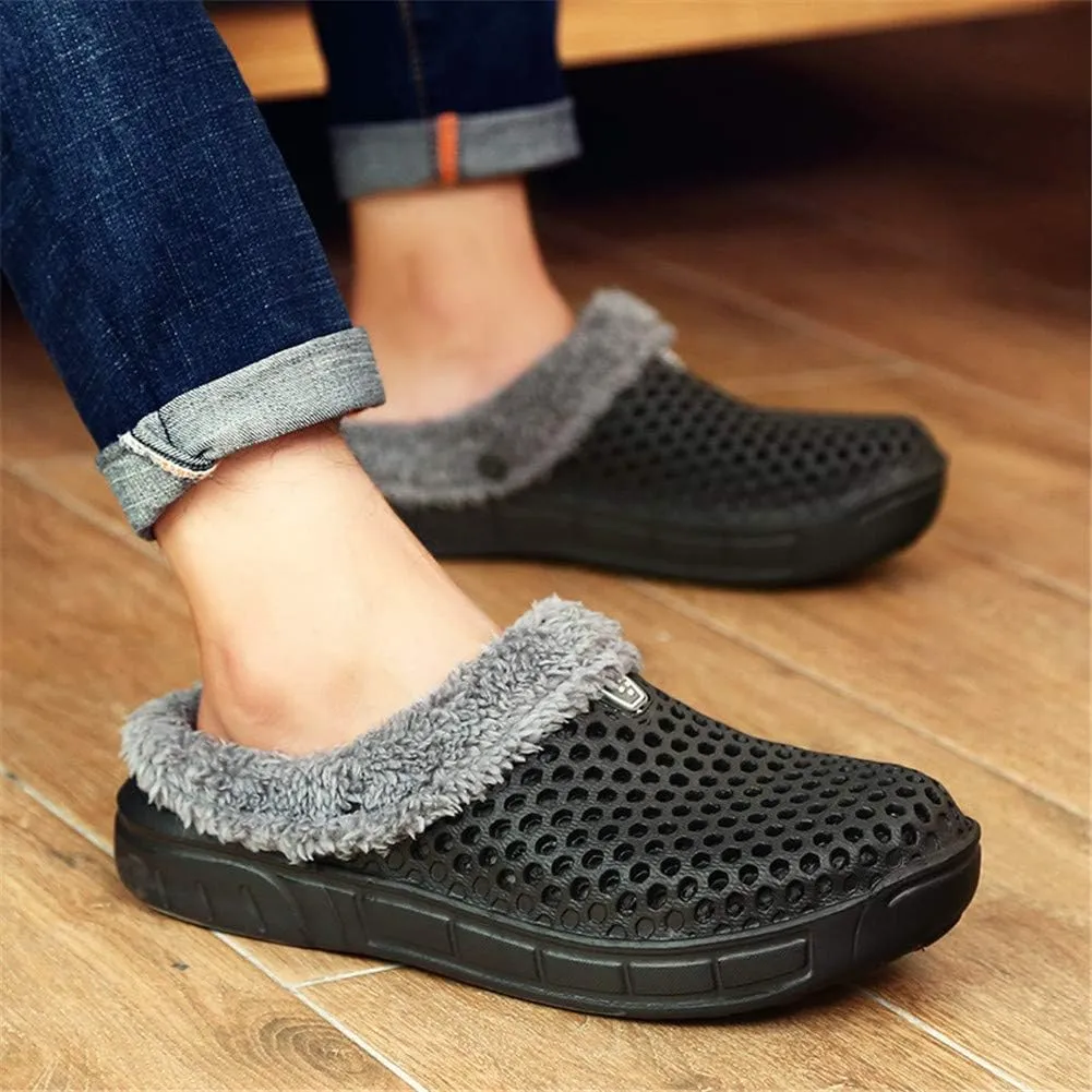 QISHENG Men's Women Mules Clogs Slip On Garden Shoes Fur Lined Slides Flip Flops Warm Winter Slipper Black