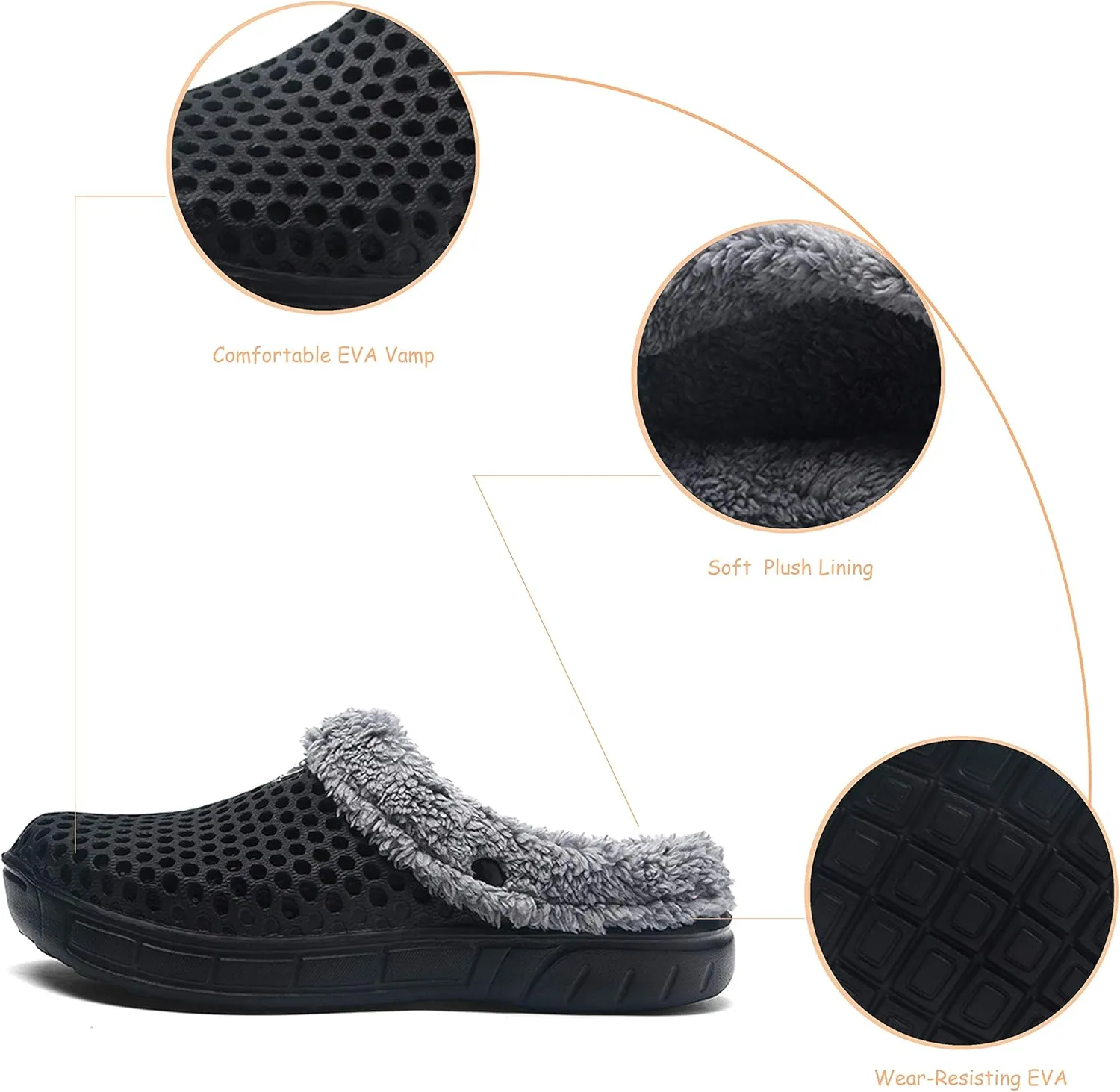 QISHENG Men's Women Mules Clogs Slip On Garden Shoes Fur Lined Slides Flip Flops Warm Winter Slipper Black