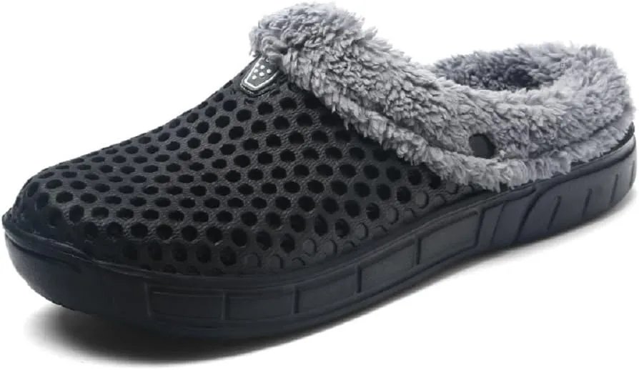 QISHENG Men's Women Mules Clogs Slip On Garden Shoes Fur Lined Slides Flip Flops Warm Winter Slipper Black